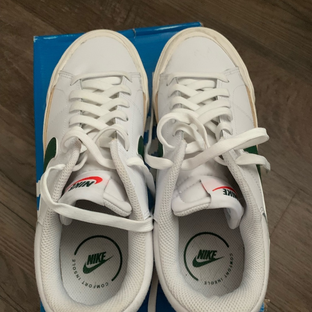 Nike Court Legacy Lift Platform White and Green Sneakers with Tan Accents - Picture 2 of 7